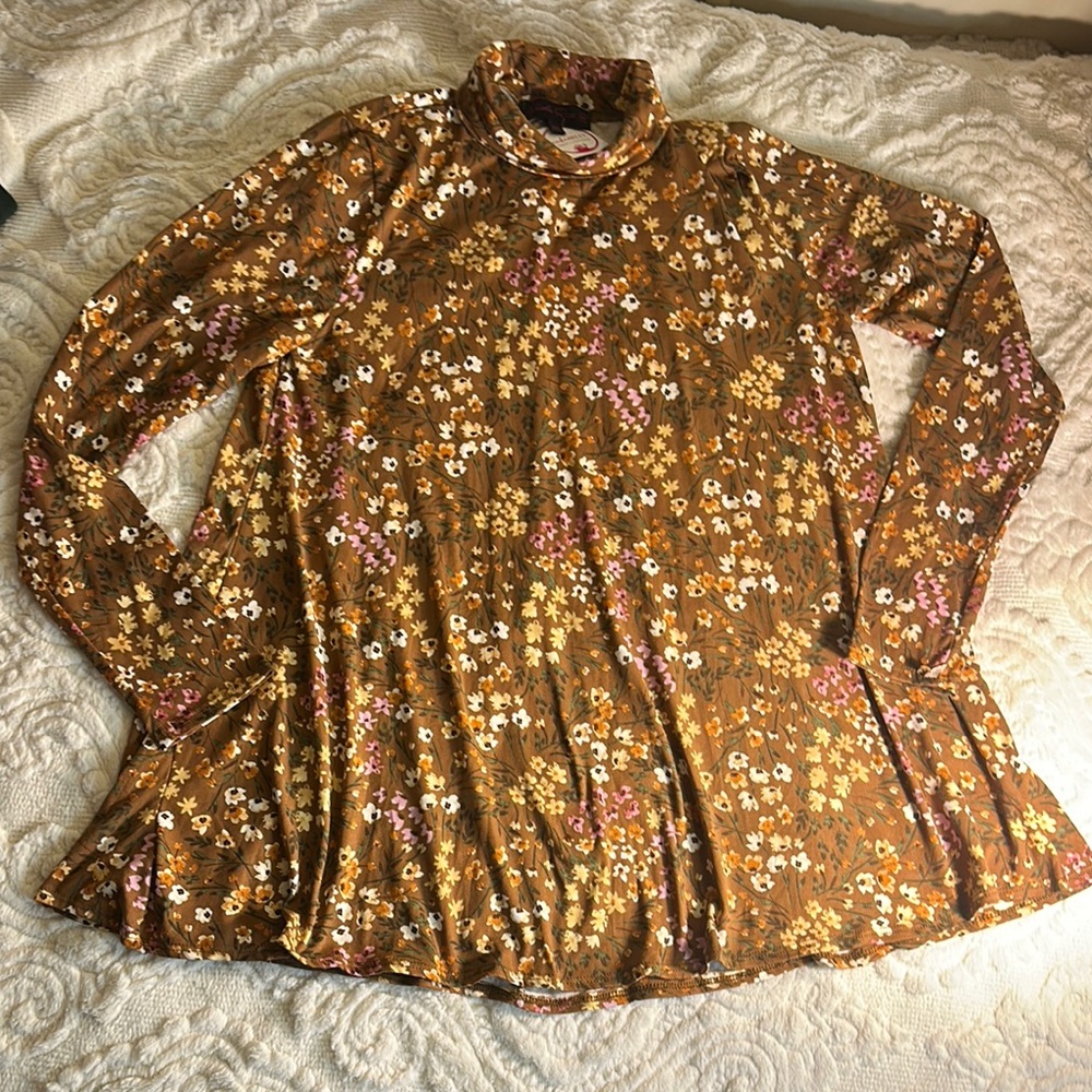 Sheila Rose brown Floral Long Sleeve turtleneck Top Sz M